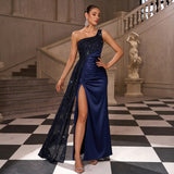 Blue Satin One-Shoulder Gown with Split