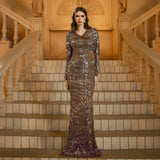 V-Neck Long Sleeve Sequin Sheath Evening Gown