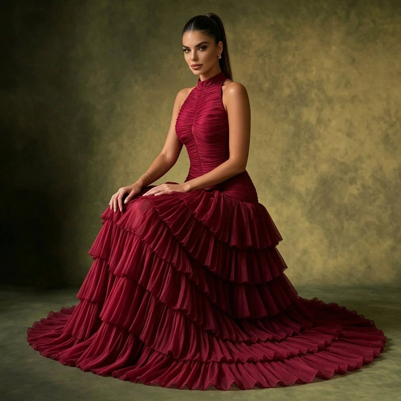 Halter Neck Ruched Evening Gown with Cascading Ruffles