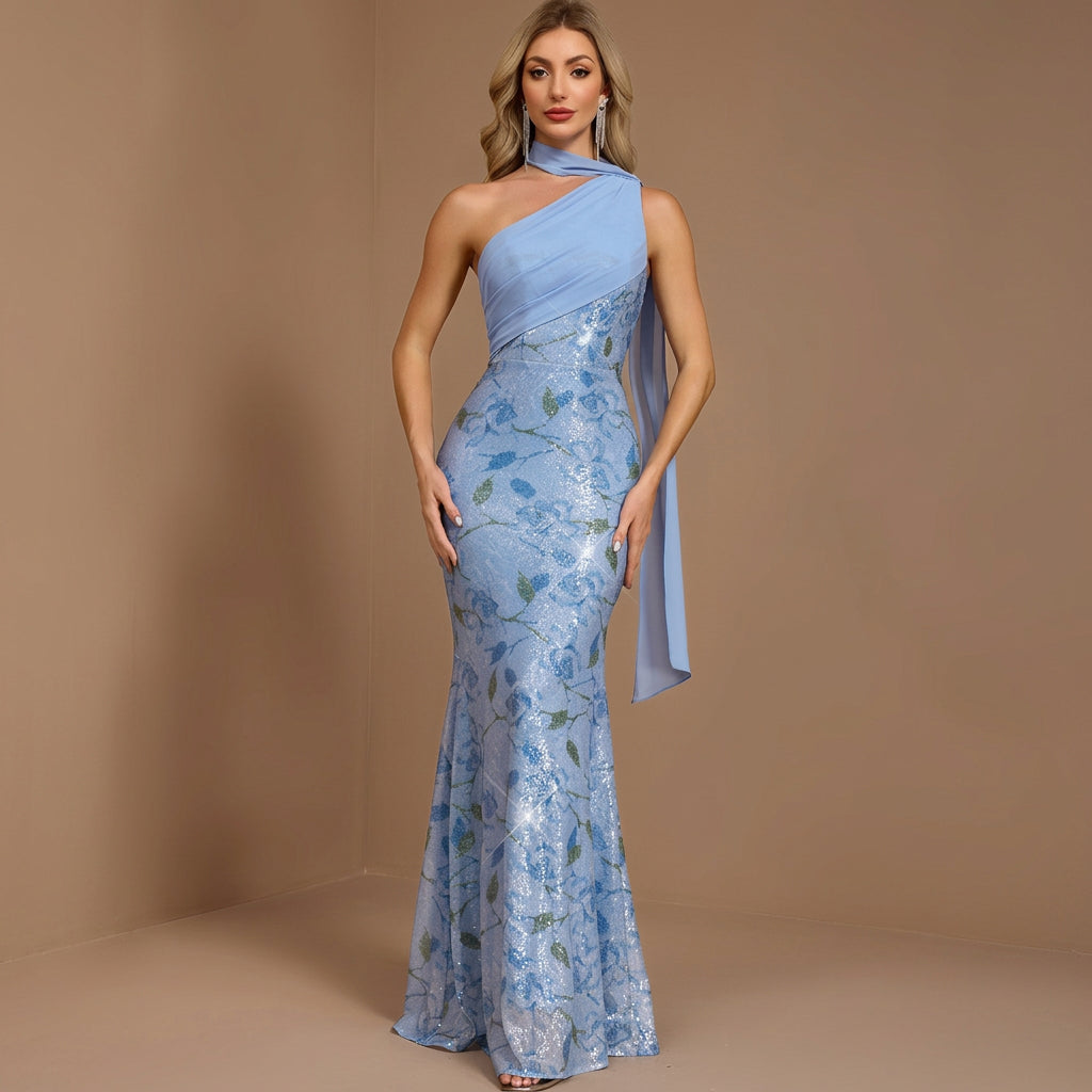 Floral Sequin Asymmetric Gown with Flowing Scarf Detail
