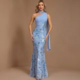 Floral Sequin Asymmetric Gown with Flowing Scarf Detail