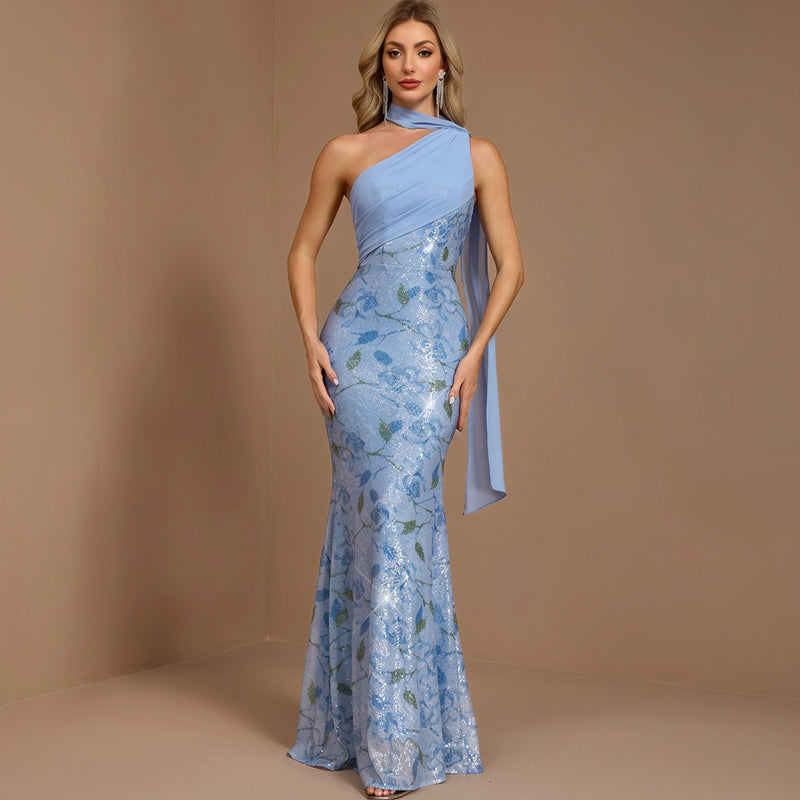Floral Sequin Asymmetric Gown with Flowing Scarf Detail