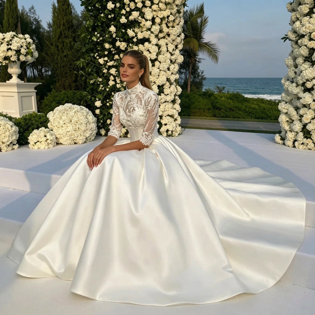 High-Neck Lace and Satin A-Line Bridal Gown with Half Sleeves and Sweeping Train