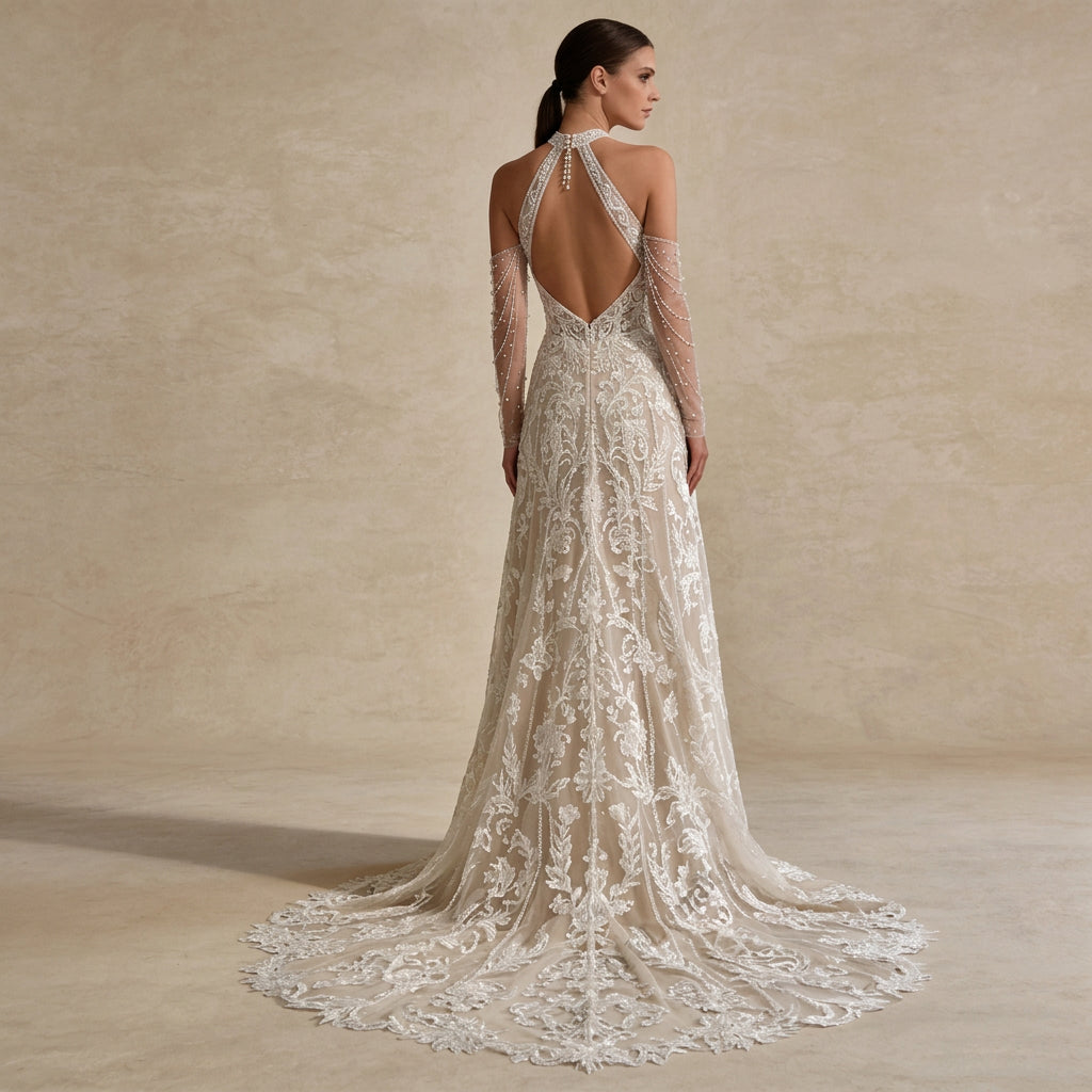 Embellished Lace Bridal Gown with Lace-Up Back and Elegant Court Train