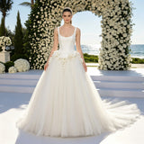 Floral Satin A-Line Bridal Gown with Three-Dimensional Flower Detailing and Sweeping Train