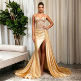 Gold Beaded Corset Satin Gown with High Split