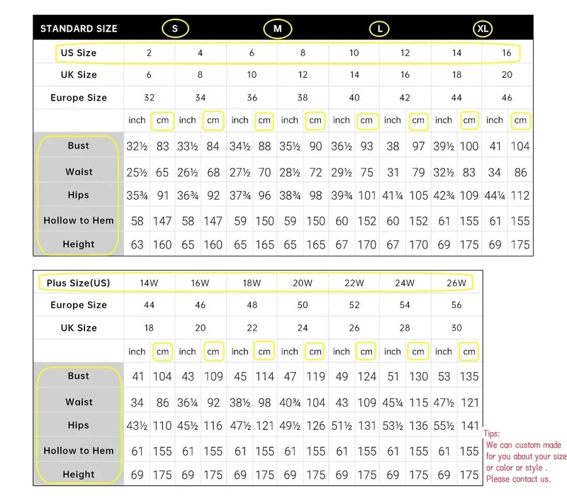 Size chart for Dream Designs Boutique gowns showing US, UK, and Europe sizing for standard and plus sizes.