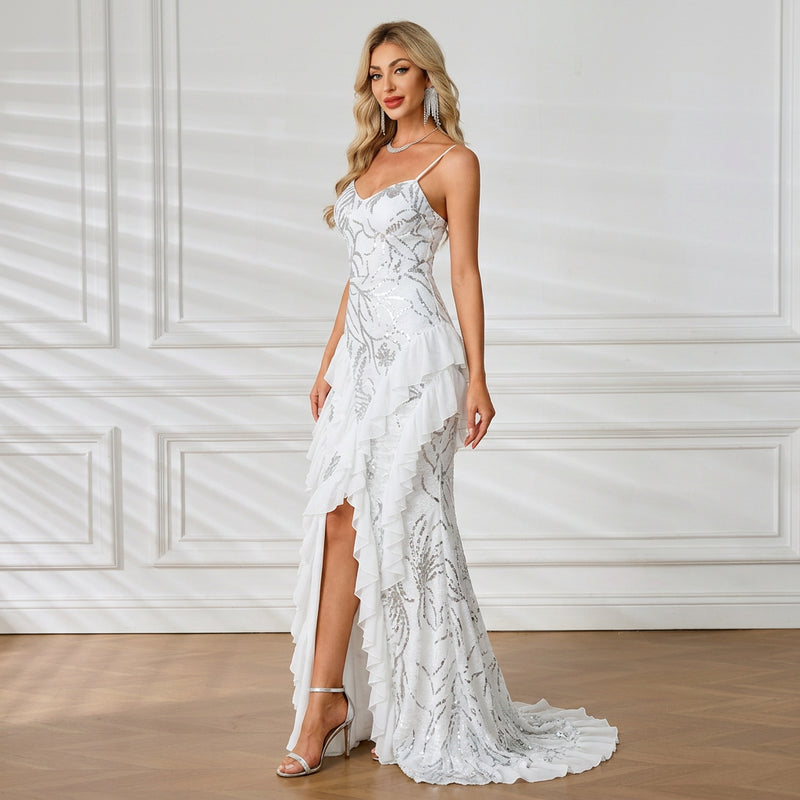White Sequin Gown with Delicate Straps and Split