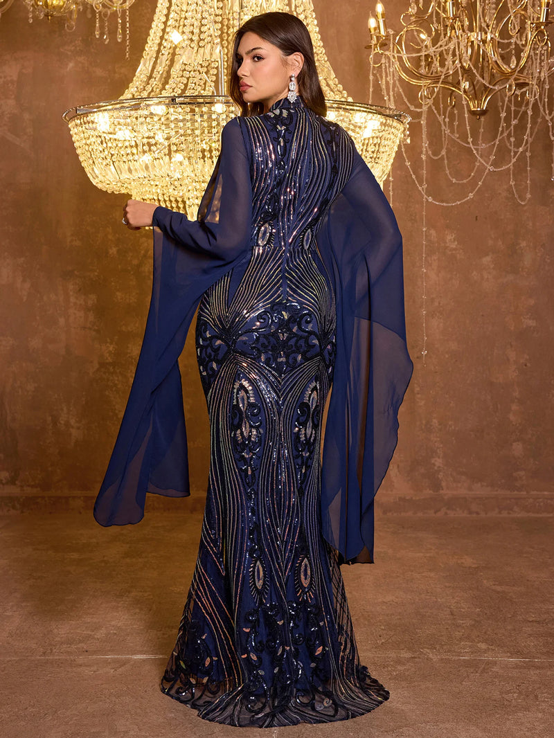Blue Sequin Mermaid Gown with Flared Sleeves