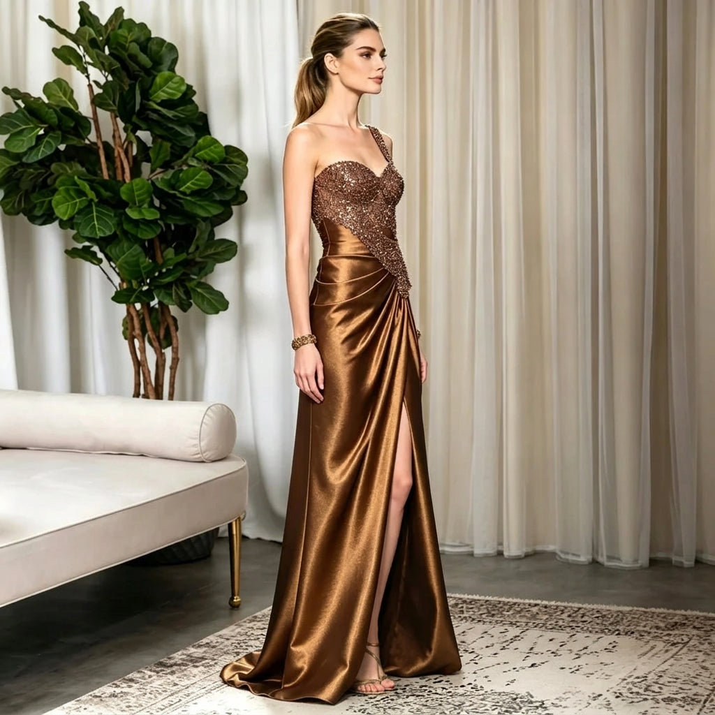 One Shoulder Beaded Satin Gown with High Split