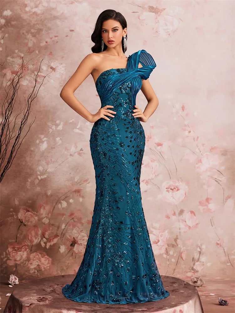 Sculptural Shoulder Sequin Mermaid Gown