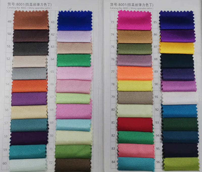 Color swatch palette for AliExpress shiny spandex satin evening gown fabric options.