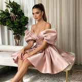 Off the Shoulder Satin Mini Dress with Sculptural Bow Detail