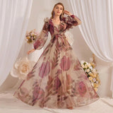 Painterly Floral Maxi Dress with Lantern Sleeves