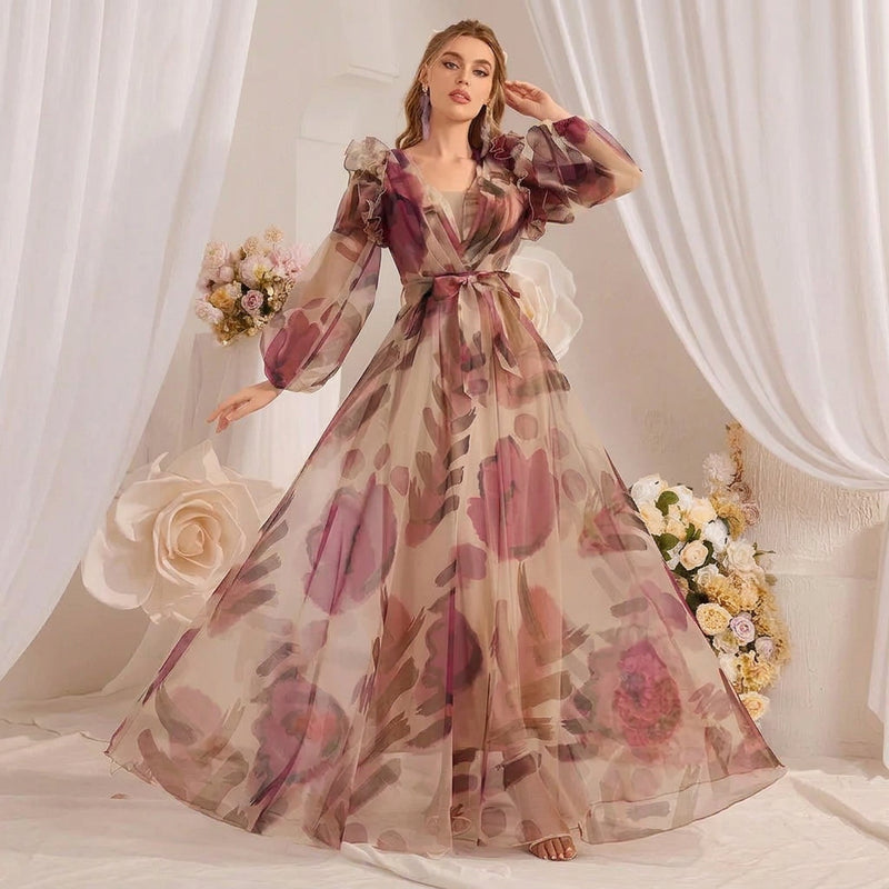 Painterly Floral Maxi Dress with Lantern Sleeves
