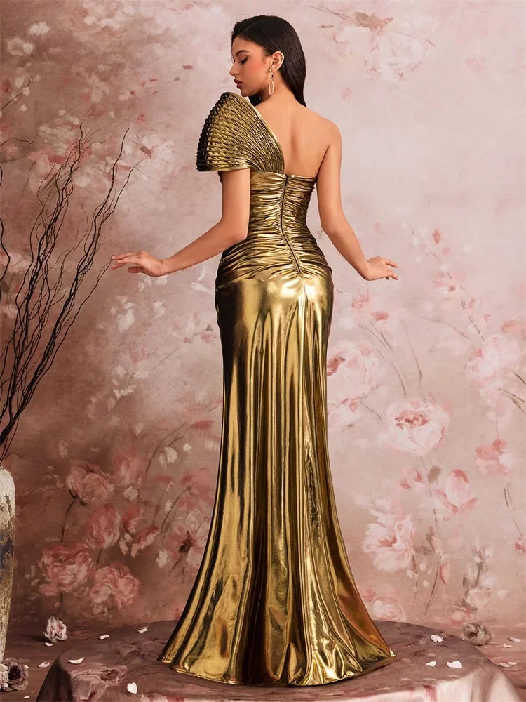 AliExpress metallic gold one-shoulder mermaid gown with sculptural pleating