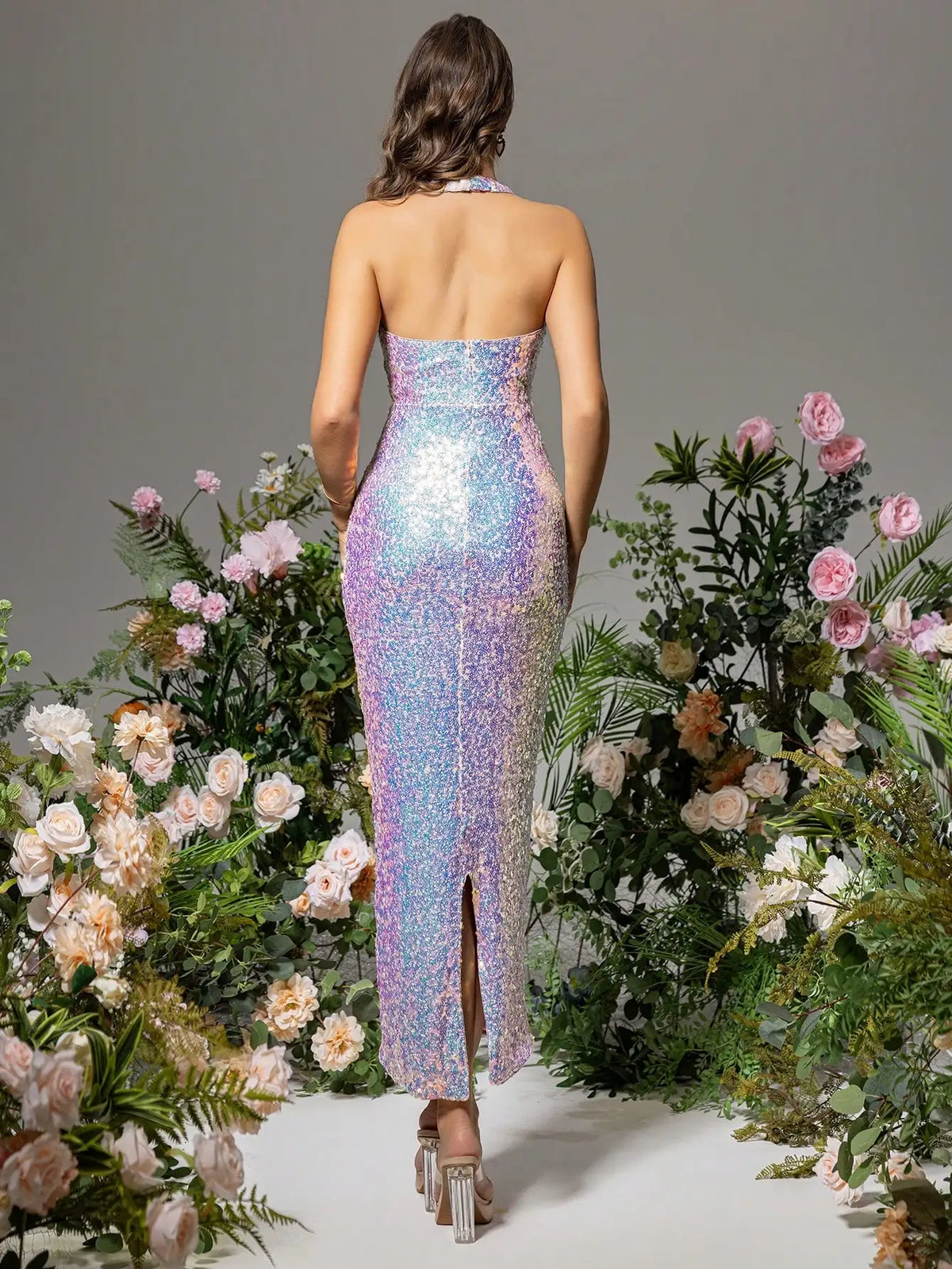 Baby Pink Sequin Halter Midi Dress with Split
