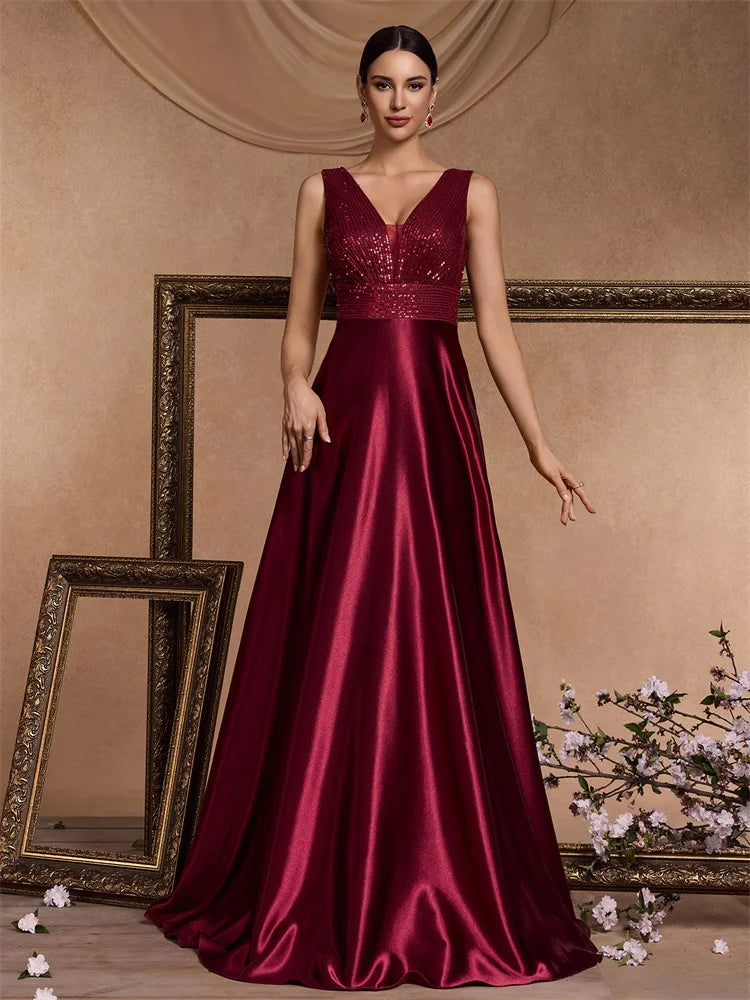 Sequin Bodice Evening Gown with Deep V-Neck and Sweeping A-Line Skirt