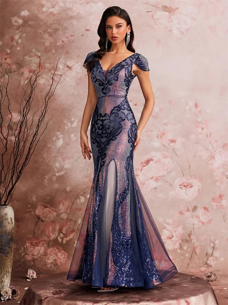 Art Deco-Inspired Sequin Gown with V-Neck and Cap Sleeves