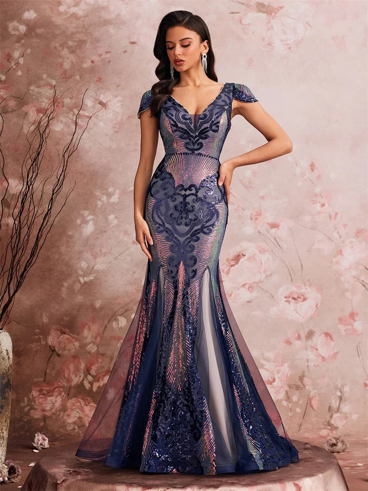 Art Deco-Inspired Sequin Gown with V-Neck and Cap Sleeves