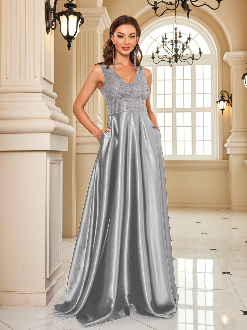 Sequin Bodice Evening Gown with Deep V-Neck and Sweeping A-Line Skirt