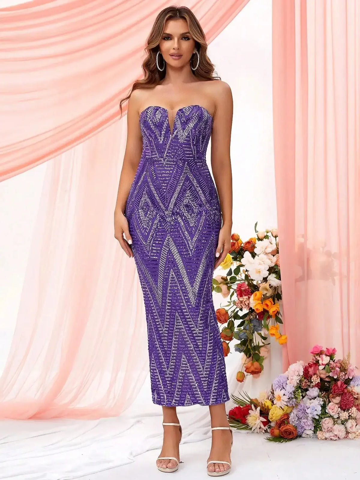 Striped Sequin Dress with a Straight Neckline