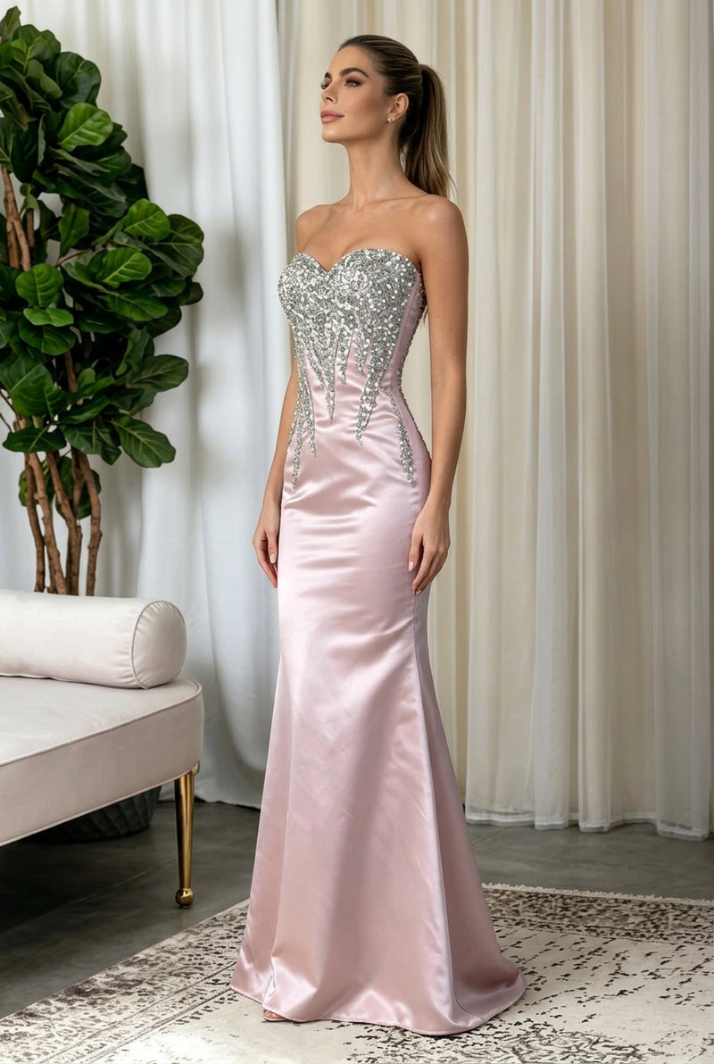 AliExpress rhinestone embellished strapless pink satin evening gown