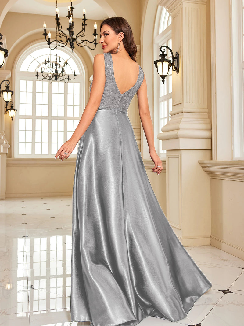 Sequin Bodice Evening Gown with Deep V-Neck and Sweeping A-Line Skirt