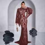 Floral Lace Evening Gown with Scalloped Flared Sleeves