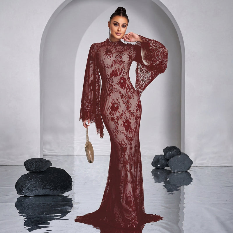 Floral Lace Evening Gown with Scalloped Flared Sleeves