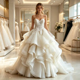 Sweetheart Lace Appliqué Bridal Ball Gown with Tiered Tulle Ruffles