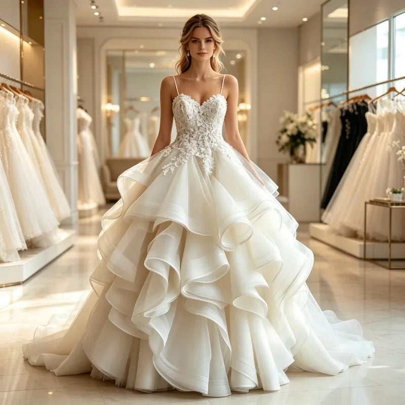 Woman wearing a sweetheart lace appliqué tiered bridal ball gown by AliExpress