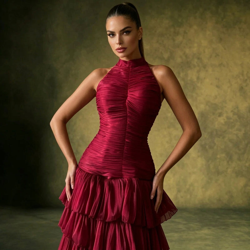 Halter Neck Ruched Evening Gown with Cascading Ruffles