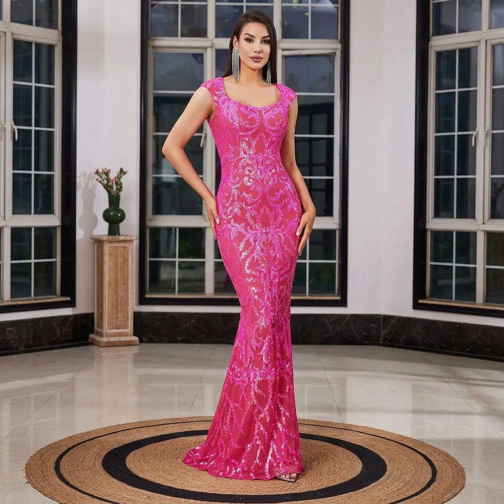 Hot Pink Sequin Mermaid Gown with Sleeveless Bodice