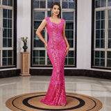 Hot Pink Sequin Mermaid Gown with Sleeveless Bodice