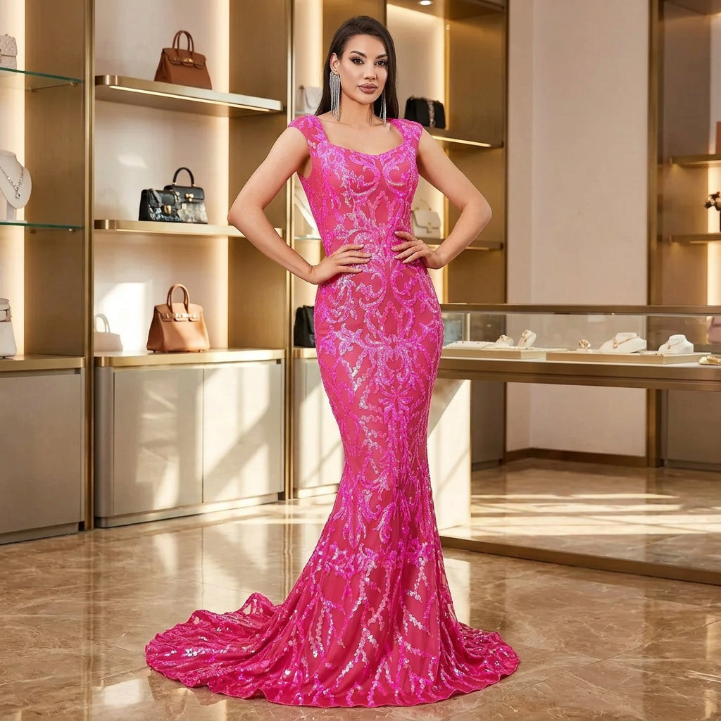 Hot Pink Sequin Mermaid Gown with Sleeveless Bodice