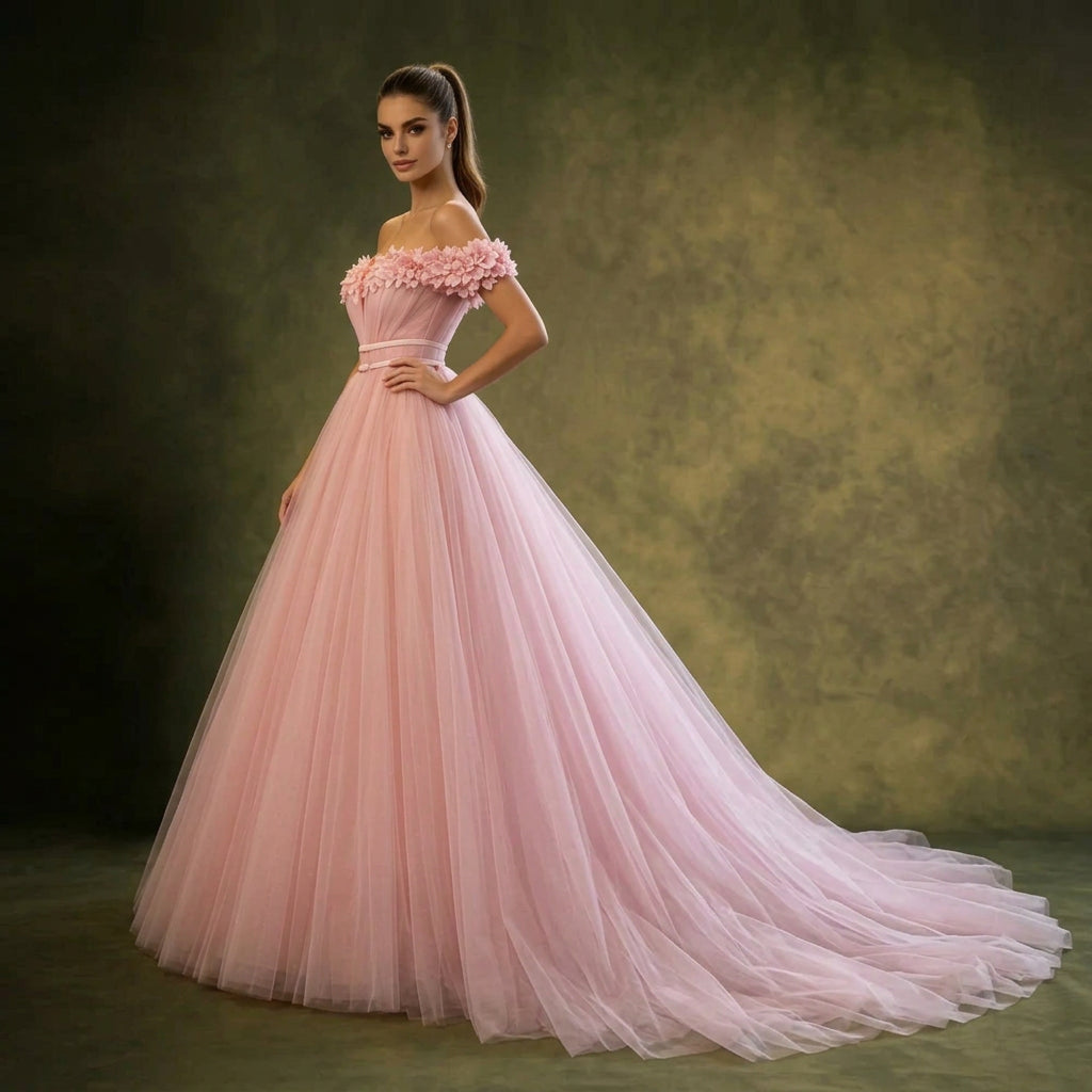 Off the Shoulder Floral Appliqué Tulle Gown