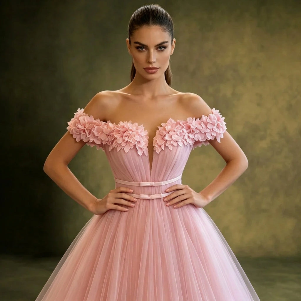 Off the Shoulder Floral Appliqué Tulle Gown