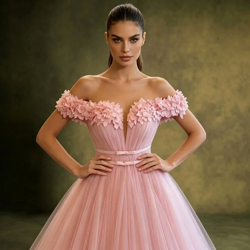 Off the Shoulder Floral Appliqué Tulle Gown