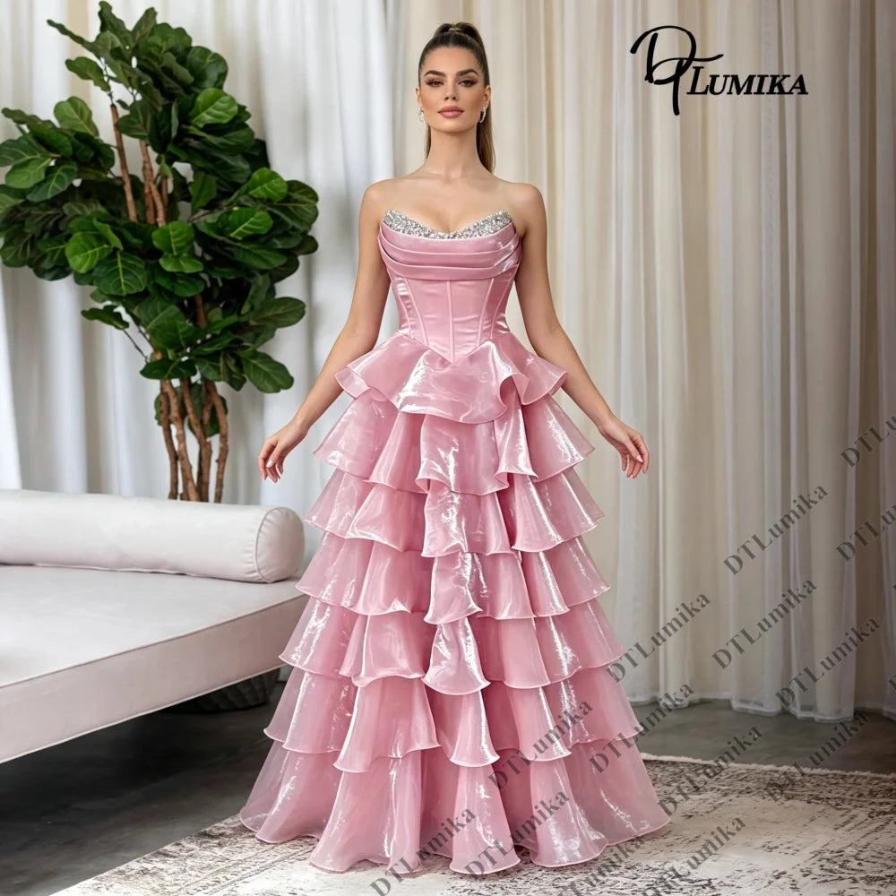 Pink Strapless Ruffle Gown with Sweetheart Neckline