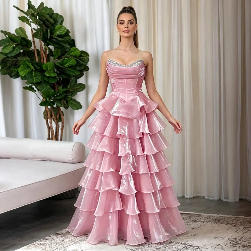 Pink Strapless Ruffle Gown with Sweetheart Neckline