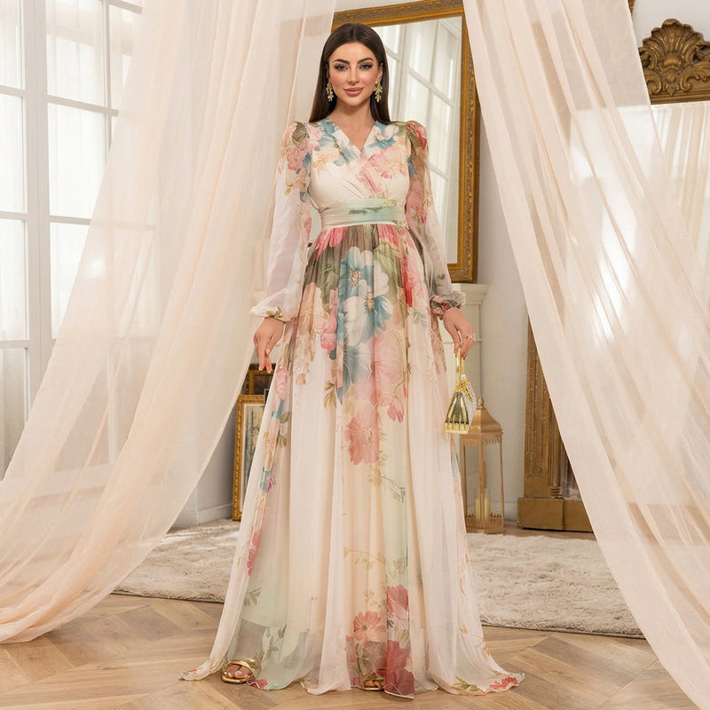 Pastel Floral V-Neck Maxi Dress with Lantern Sleeves