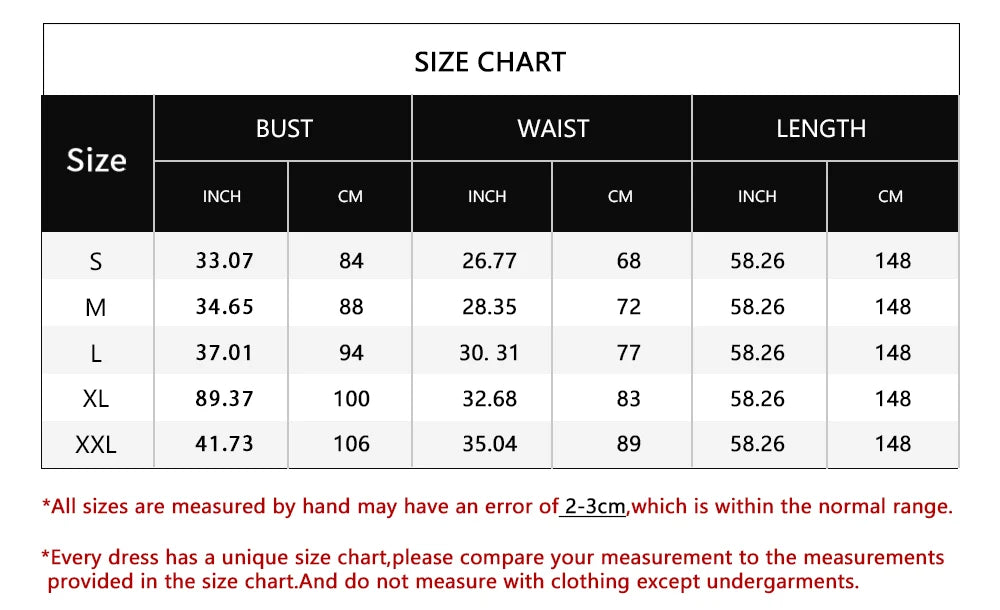 Size chart for Dream Designs Boutique luxury asymmetric sequined mermaid evening gown.