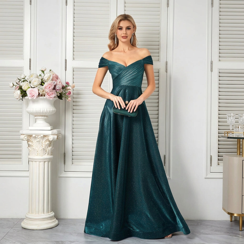 Dream Designs Boutique sparkly teal A-line evening gown with off-the-shoulder neckline