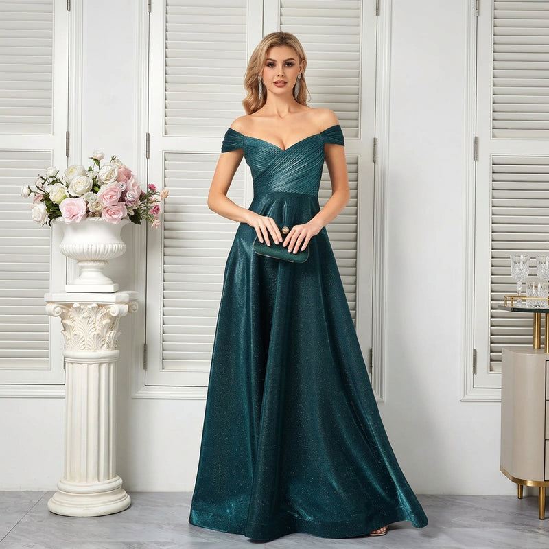 Dream Designs Boutique sparkly teal A-line evening gown with off-the-shoulder neckline
