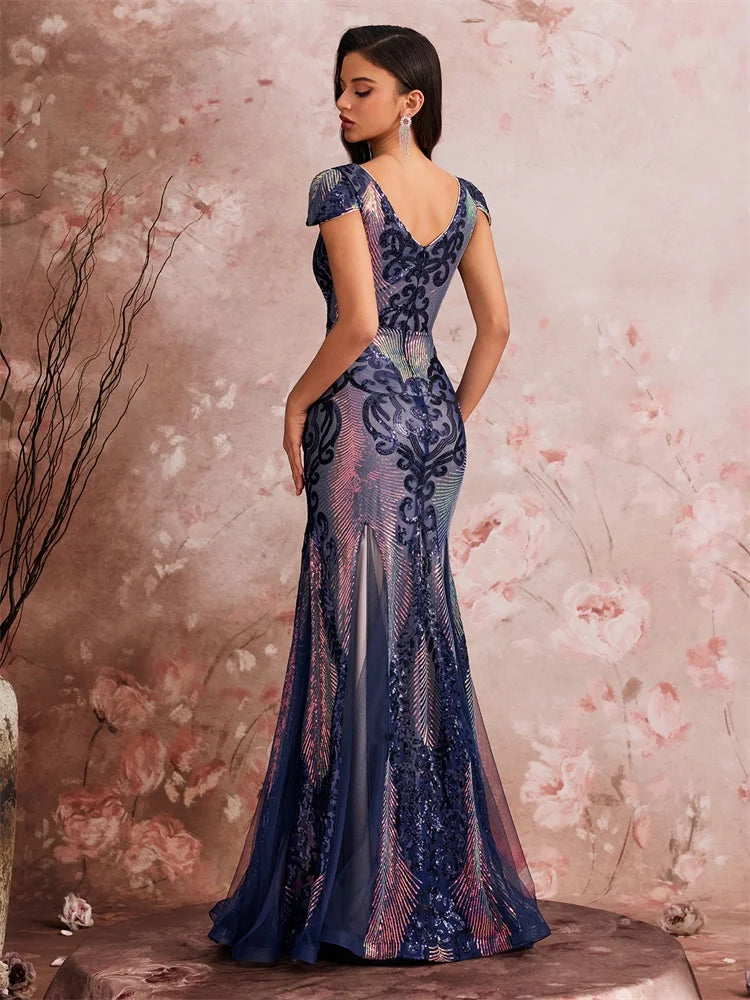 Art Deco-Inspired Sequin Gown with V-Neck and Cap Sleeves