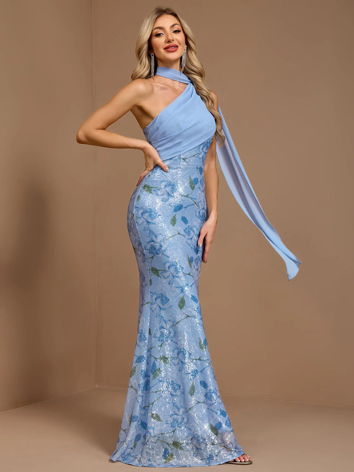 Floral Sequin Asymmetric Gown with Flowing Scarf Detail