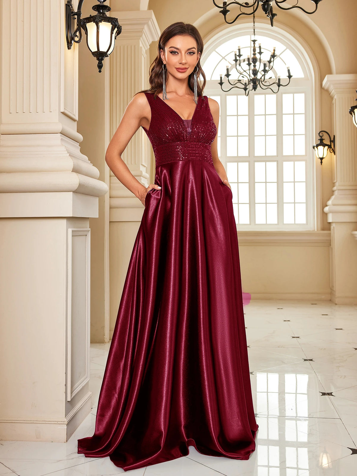 Sequin Bodice Evening Gown with Deep V-Neck and Sweeping A-Line Skirt