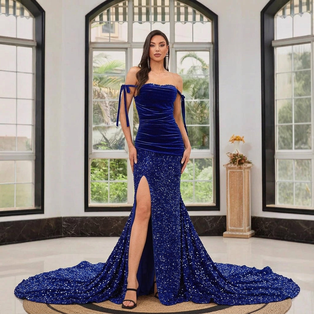 Blue Sequin Sheath Gown with Evening Split