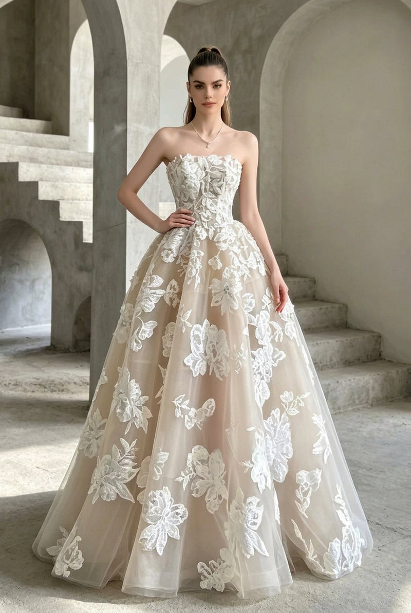 Woman wearing an AliExpress strapless floral applique A-line bridal gown in a stone archway.